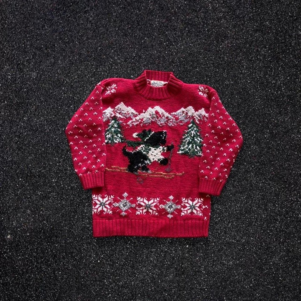 Heirloom Collectibles Vintage Skiing Dog Winter Sweater Red Mock Neck Medium